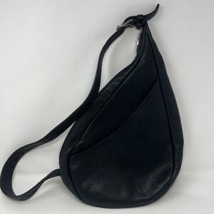 Vintage Libaire Black Pebbled Leather Teardrop Sling Crossbody Backpack Bag